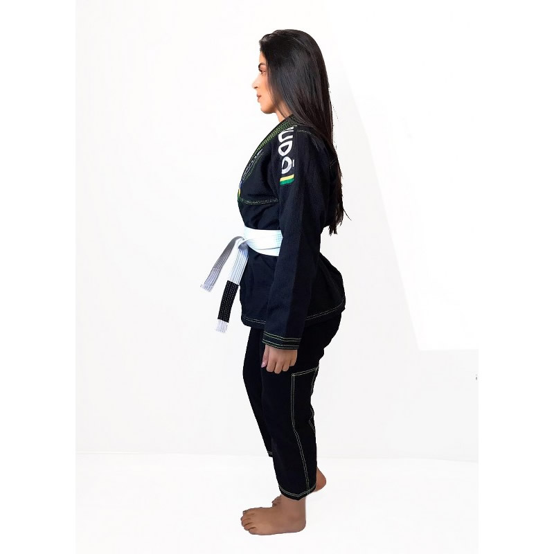 Kimono Jiu Jitsu Trançado Competidor Feminino Preto Com Linhas Rosa