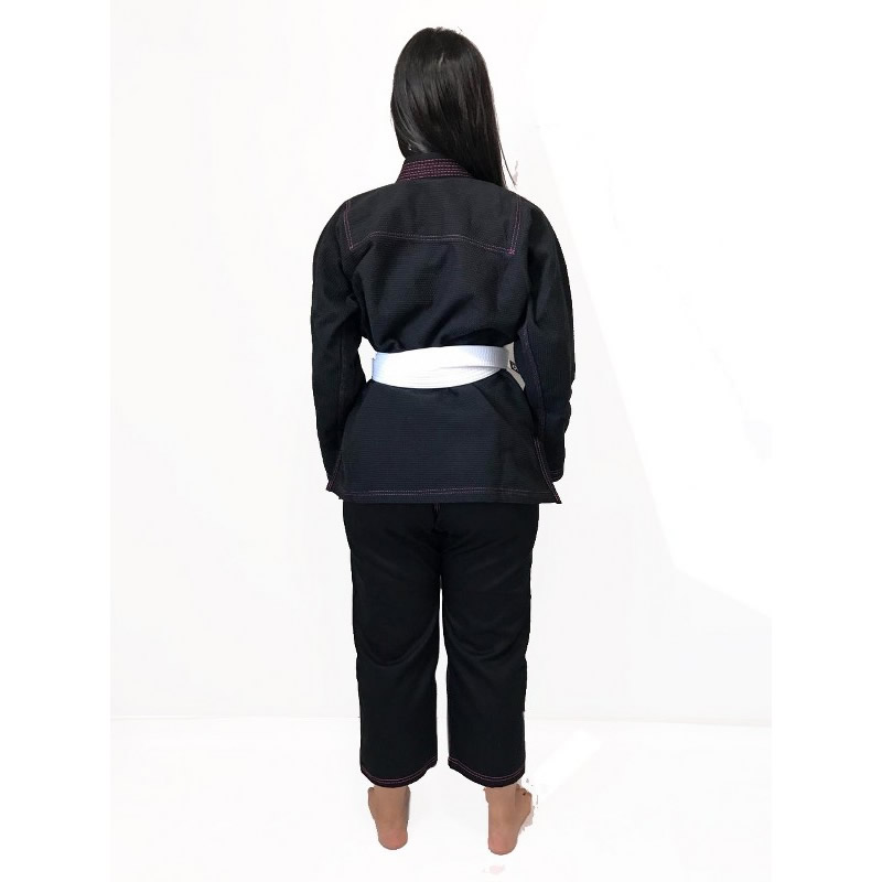 Kimono Jiu Jitsu Trançado Competidor Feminino Preto Com Linhas Rosa